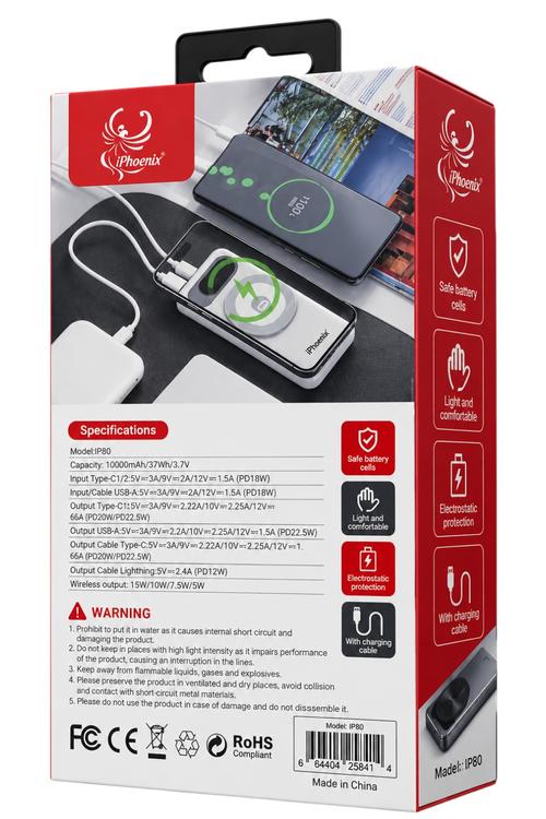 iPhoenix 10,000mAh Fast Charging Wireless Power Bank with Built-In Charging Cables Black IP80